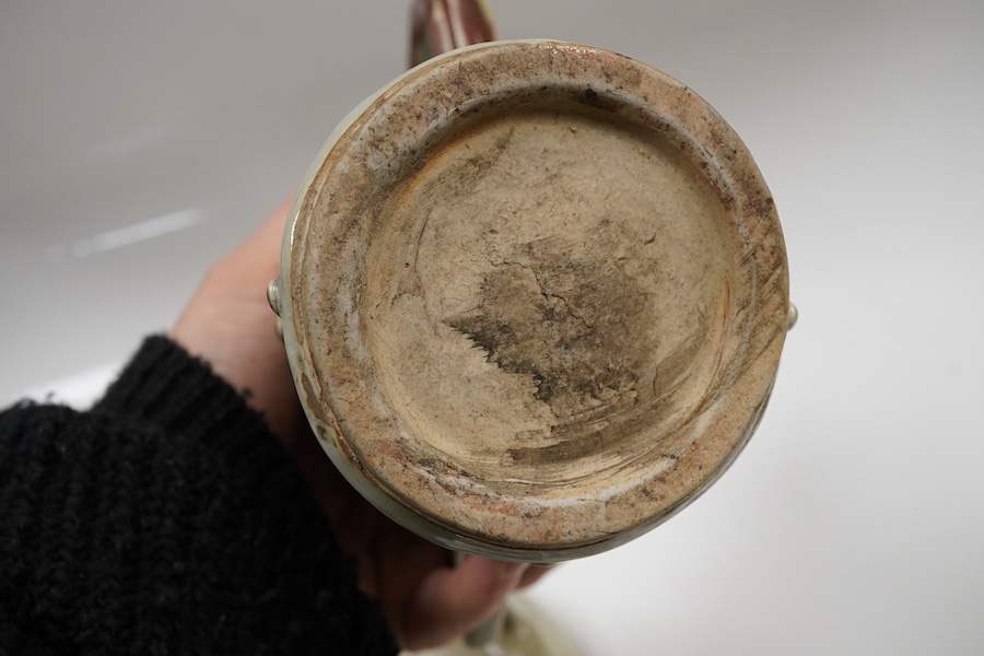 A Chinese underglaze copper red ewer and cover and a crackle glaze tripod dish, 17.5cm high